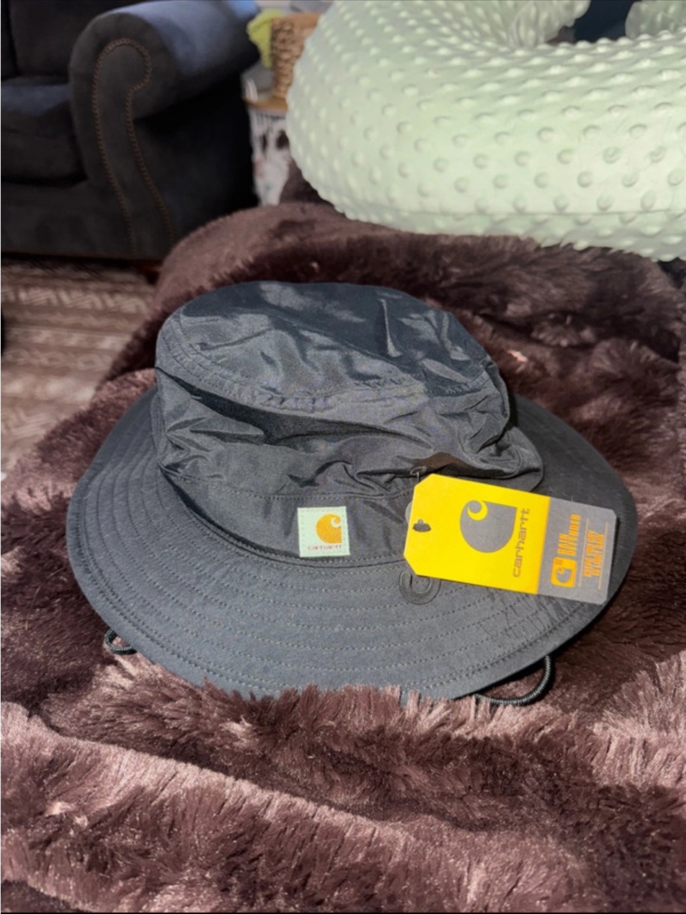 Carhartt Black Bucket Hat with Logo Patch and Chin Cord
